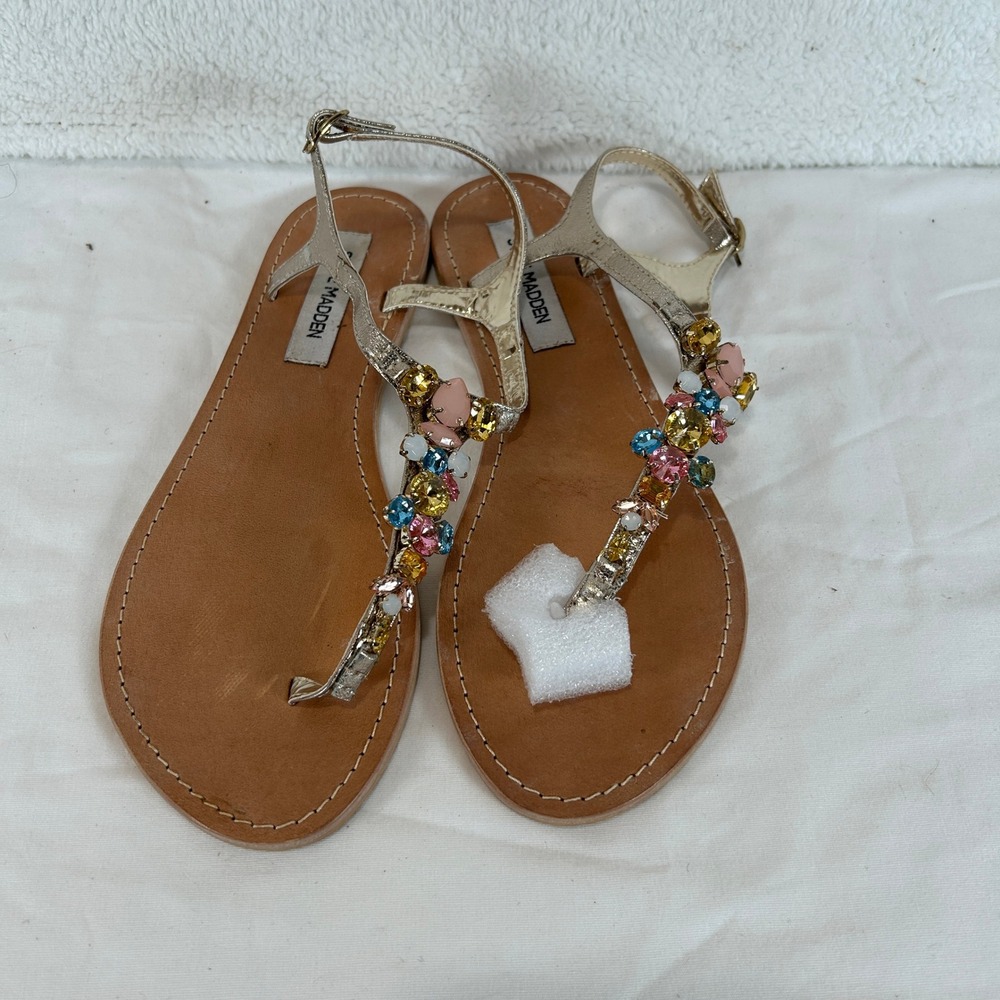 Steve Madden Gold Jeweled T-Strap Sandals - Picture 2 of 7